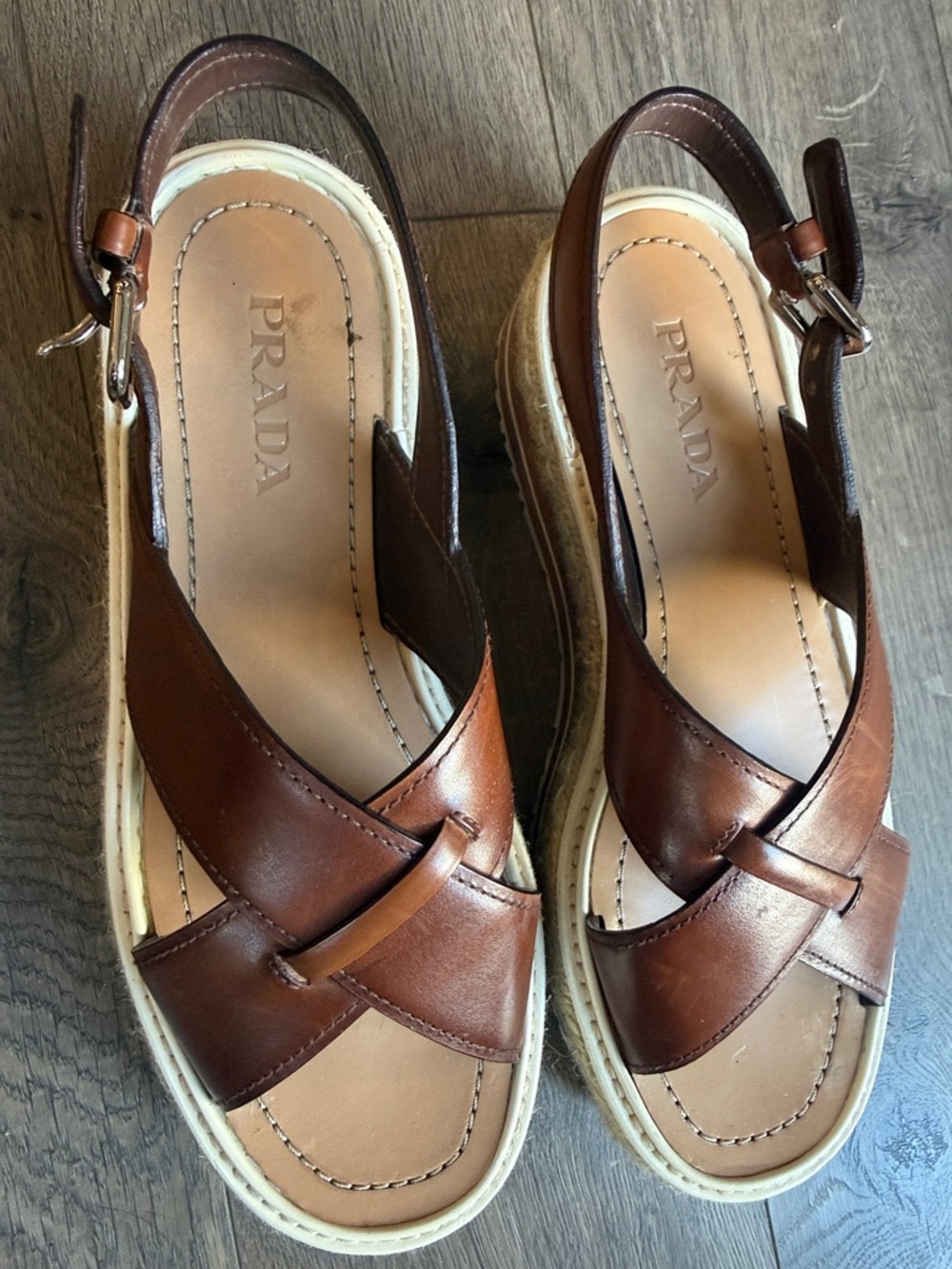 Prada Brown Leather Crossover Platform Sandals - Picture 2 of 4